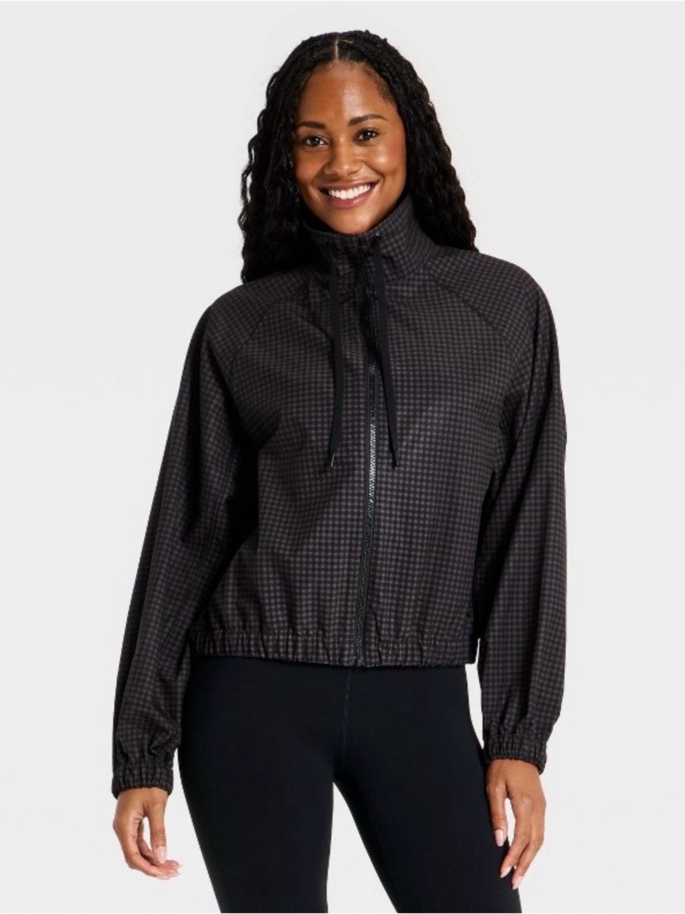 Women’s Picot Trim Windbreaker Jacket - All In Motion Black Gingham Print XS